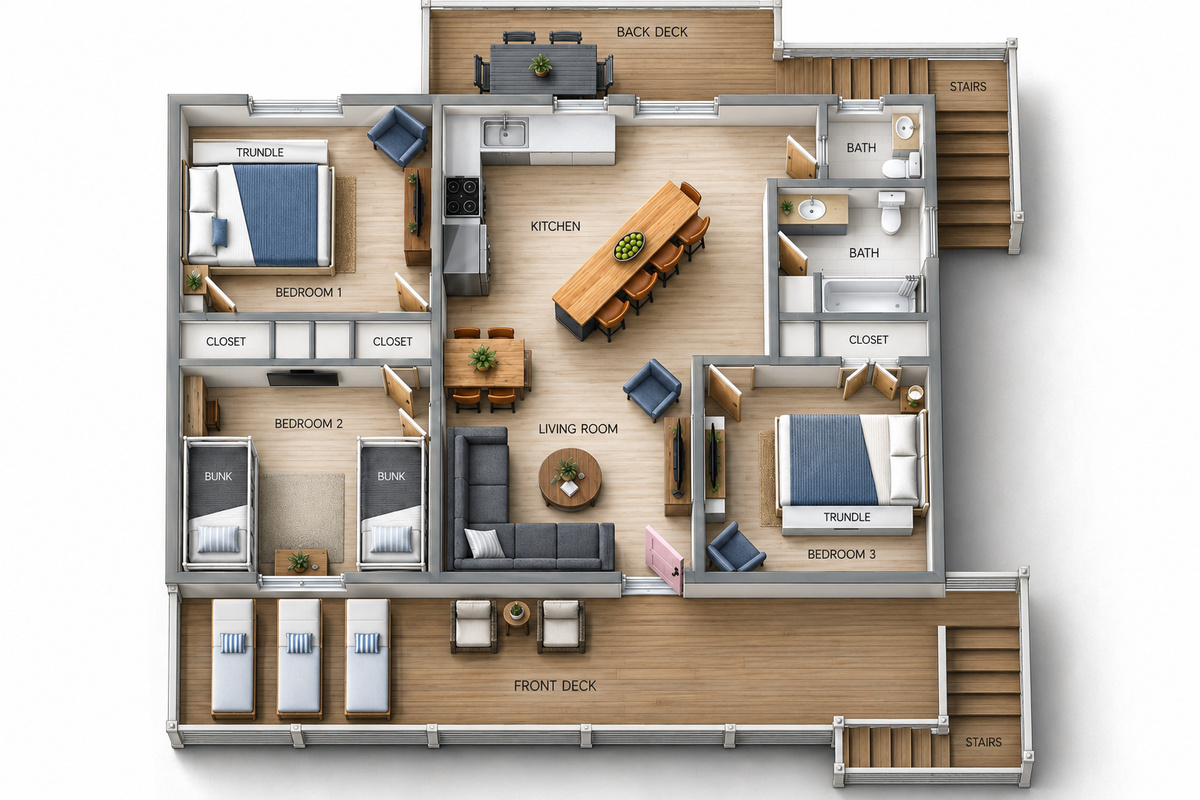 3 bedrooms, sleeps up to 10, 1 bunk room sleeps 4, other 2 bedrooms have queens & trundles