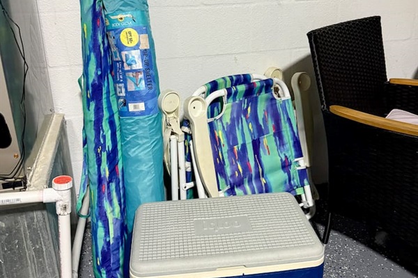 Beach gear: including beach umbrella, sun shade, two beach chairs and a cooler