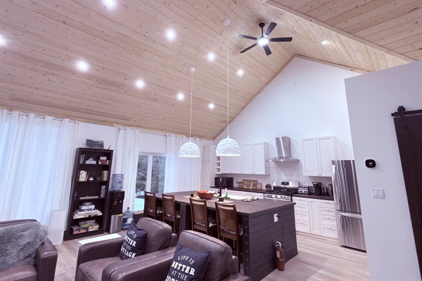 Bright open-concept living space with vaulted cedar ceiling and kitchen