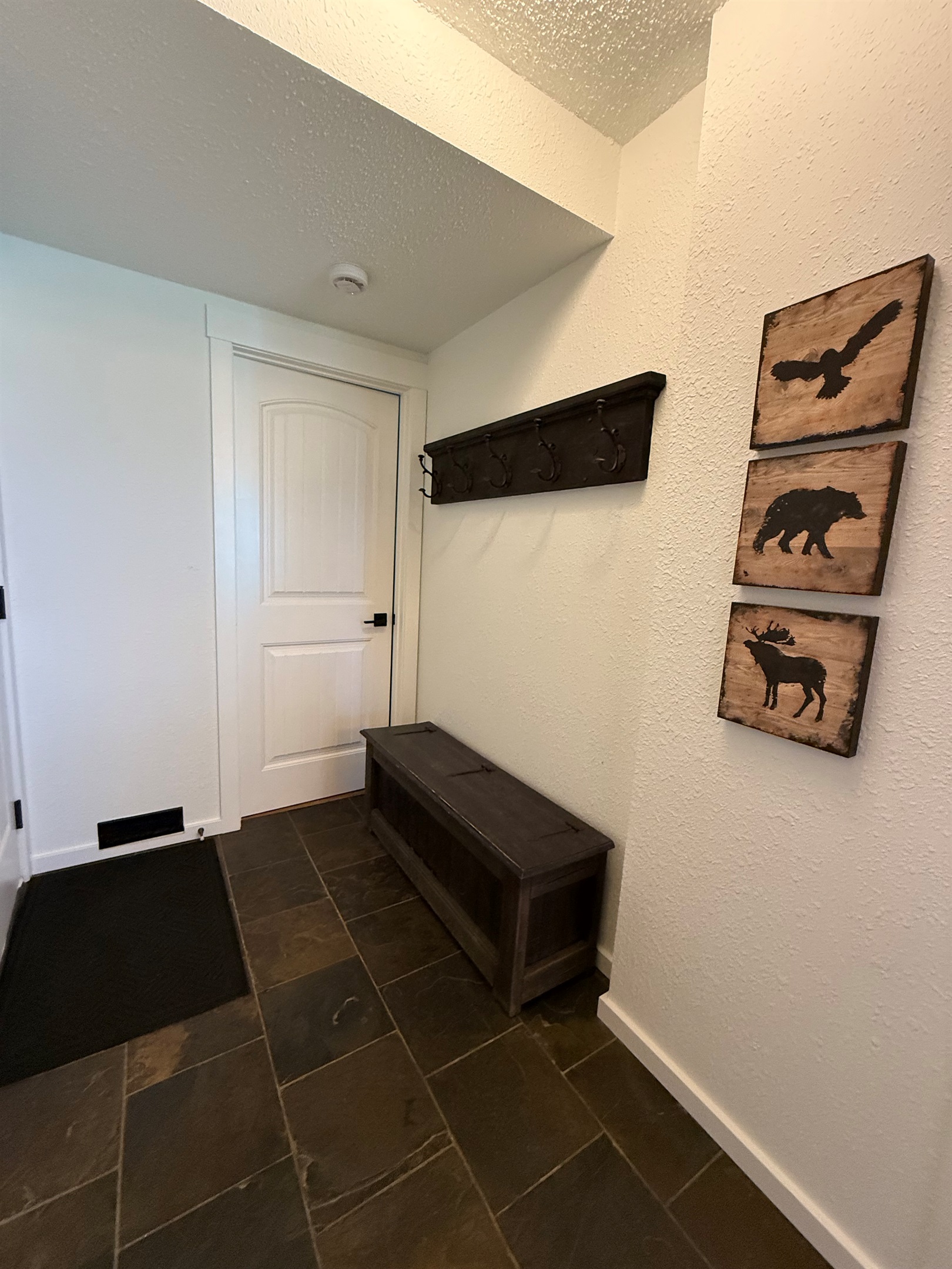 Open Concept Entry: A spacious and welcoming entrance area featuring decorative wooden hooks for quick access to jackets and gear.