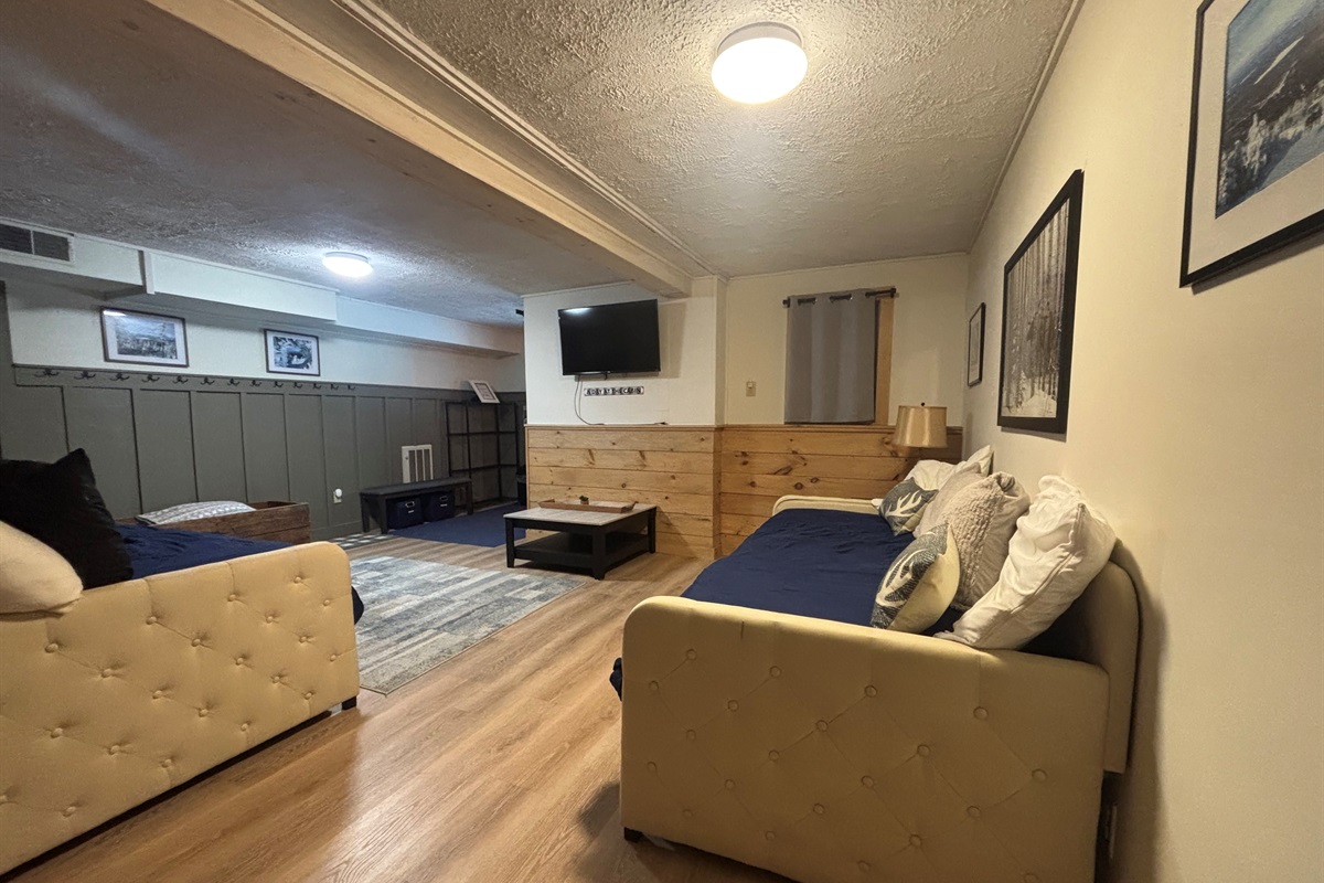 Lower level sitting area with day beds and trundles
