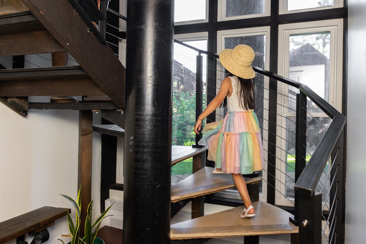 Kids love the beautiful spiral stair case.