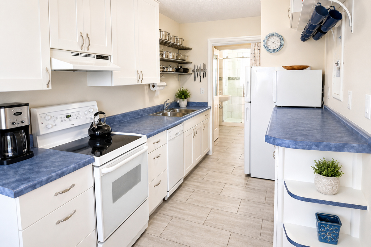 Fully stocked kitchen with all essentials plus a dishwasher. Bathroom through the doorway at the end.