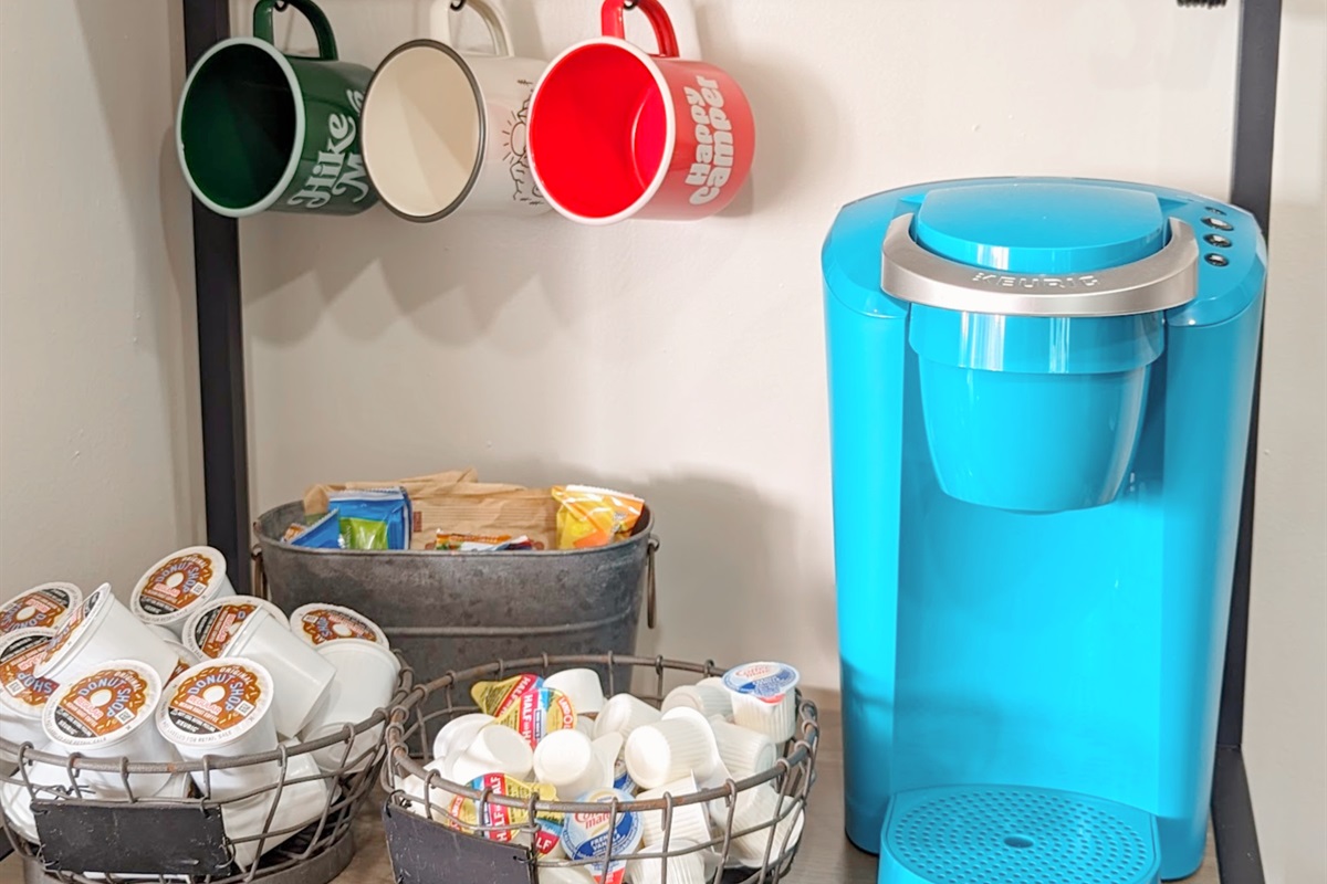 We have a coffee station setup in our small space stocked with K cups ,creamer, coffee mugs and a Keurig coffee maker. 