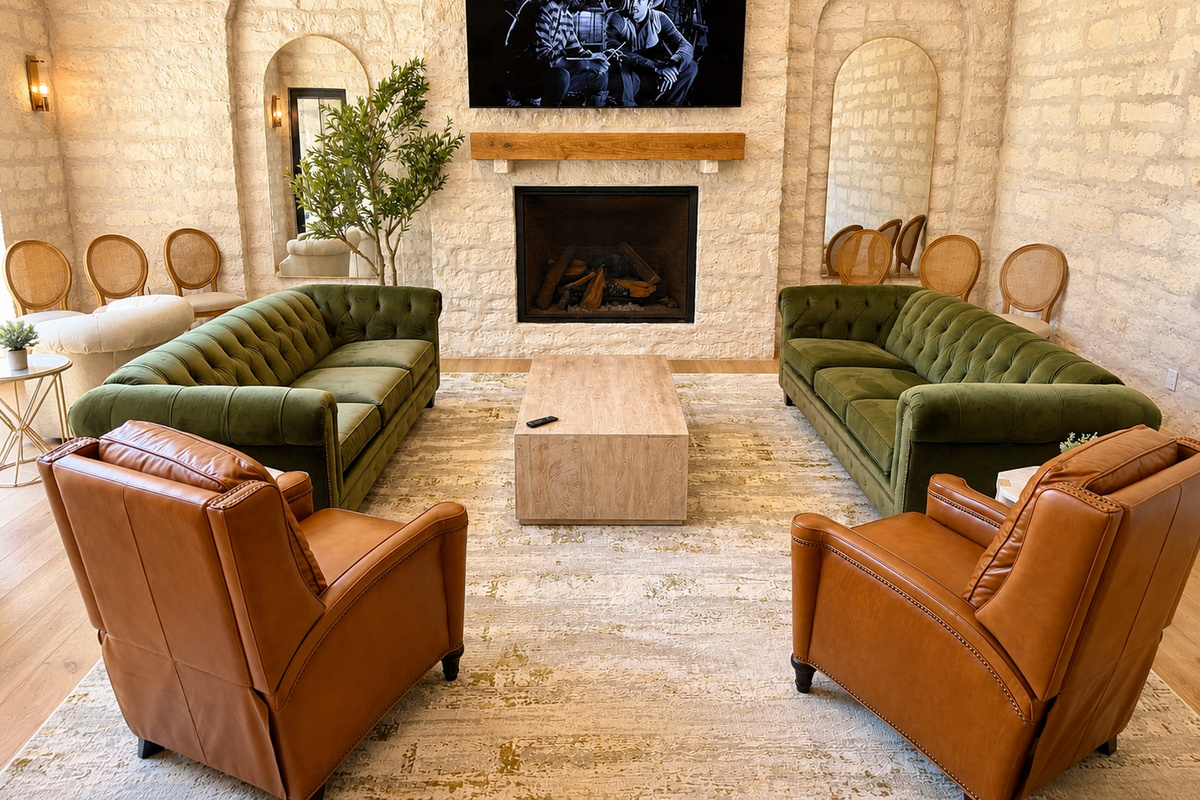 Lodge room with fireplace.  Abundant seating 