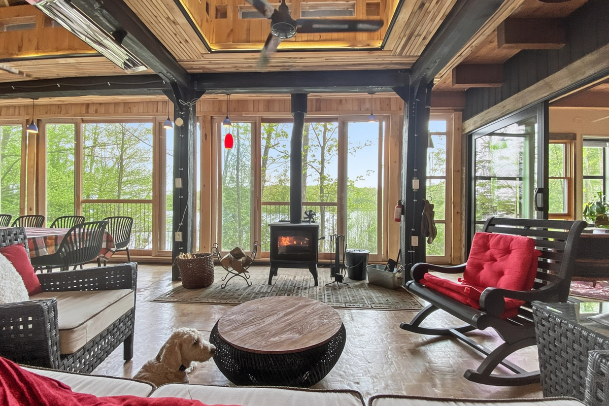 Veranda seating area by wood stove