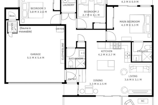 Floor plan showing three bedrooms incl. main with ensuite, open-plan living, garage with sauna and private courtyard with spa