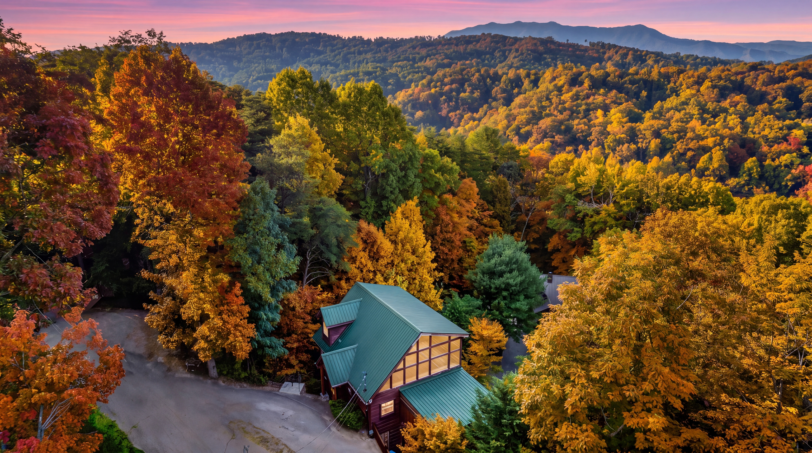 Drone photo of our cabin in the Sky Harbor community, between Pigeon Forge and Gatlinburg, TN.