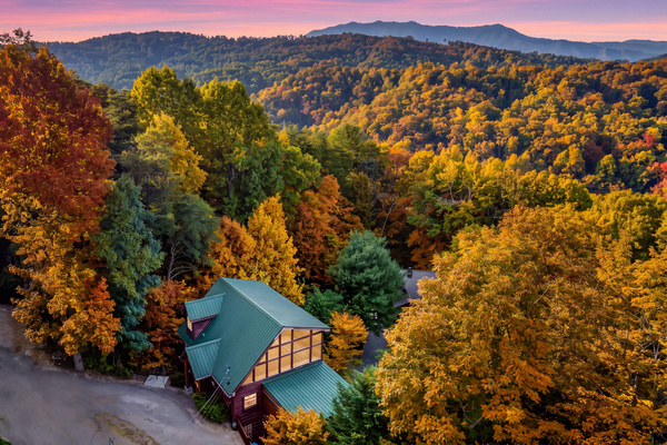 Drone photo of our cabin in the Sky Harbor community, between Pigeon Forge and Gatlinburg, TN.