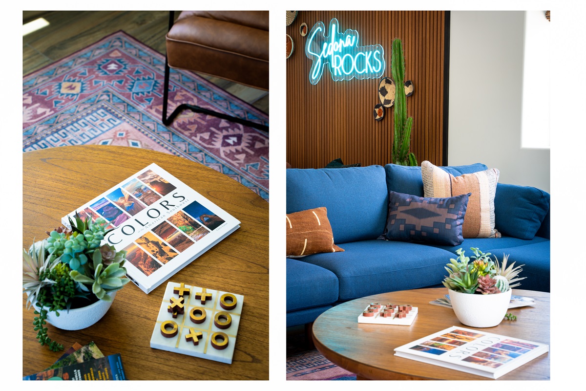 Unwind in comfort with cozy seating, cheerful accents, and a bold 'Sedona Rocks' feature wall.