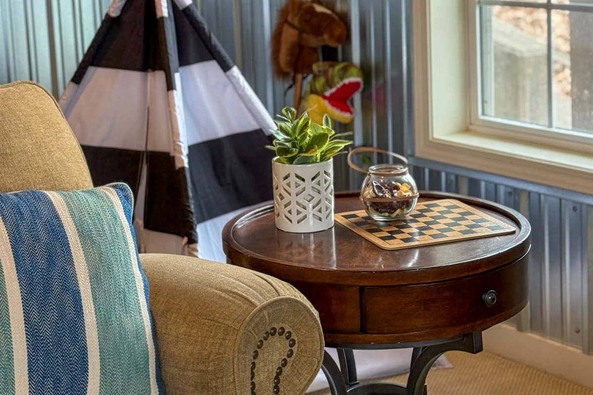 Comfy seating and games galore for those cold or rainy days. 