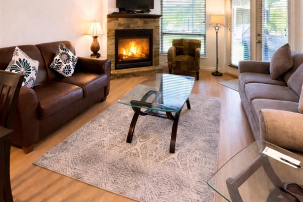 Unit A. Streaming TV. Natural Gas fireplace. Double Glass doors to a private covered deck. AC Unit. Queen sofa pull-out plus ample comfortable seating.