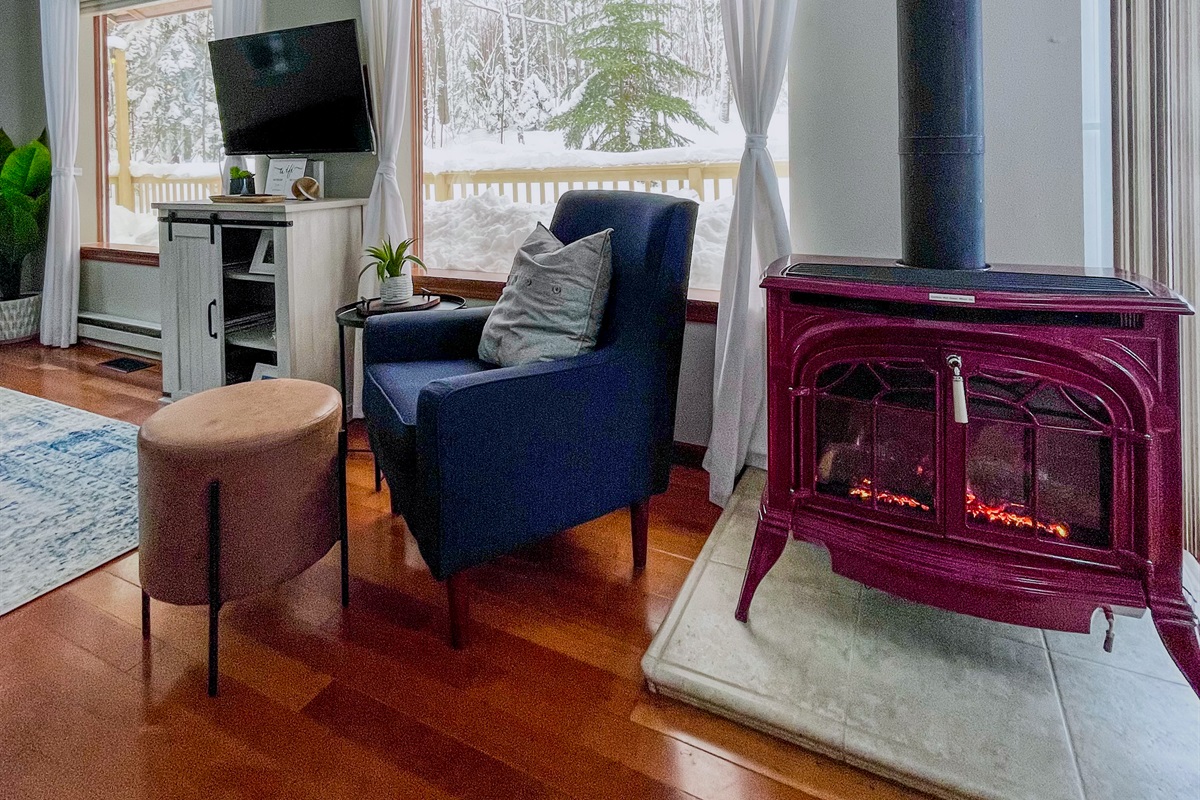 Views out the two huge panoramic window in the living room in the winter scene snow (poss Dec-March likely snow accumulation) 