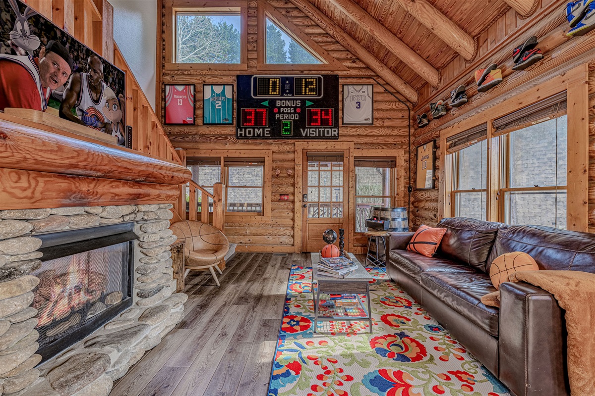 Main floor living room with seasonal fireplace!