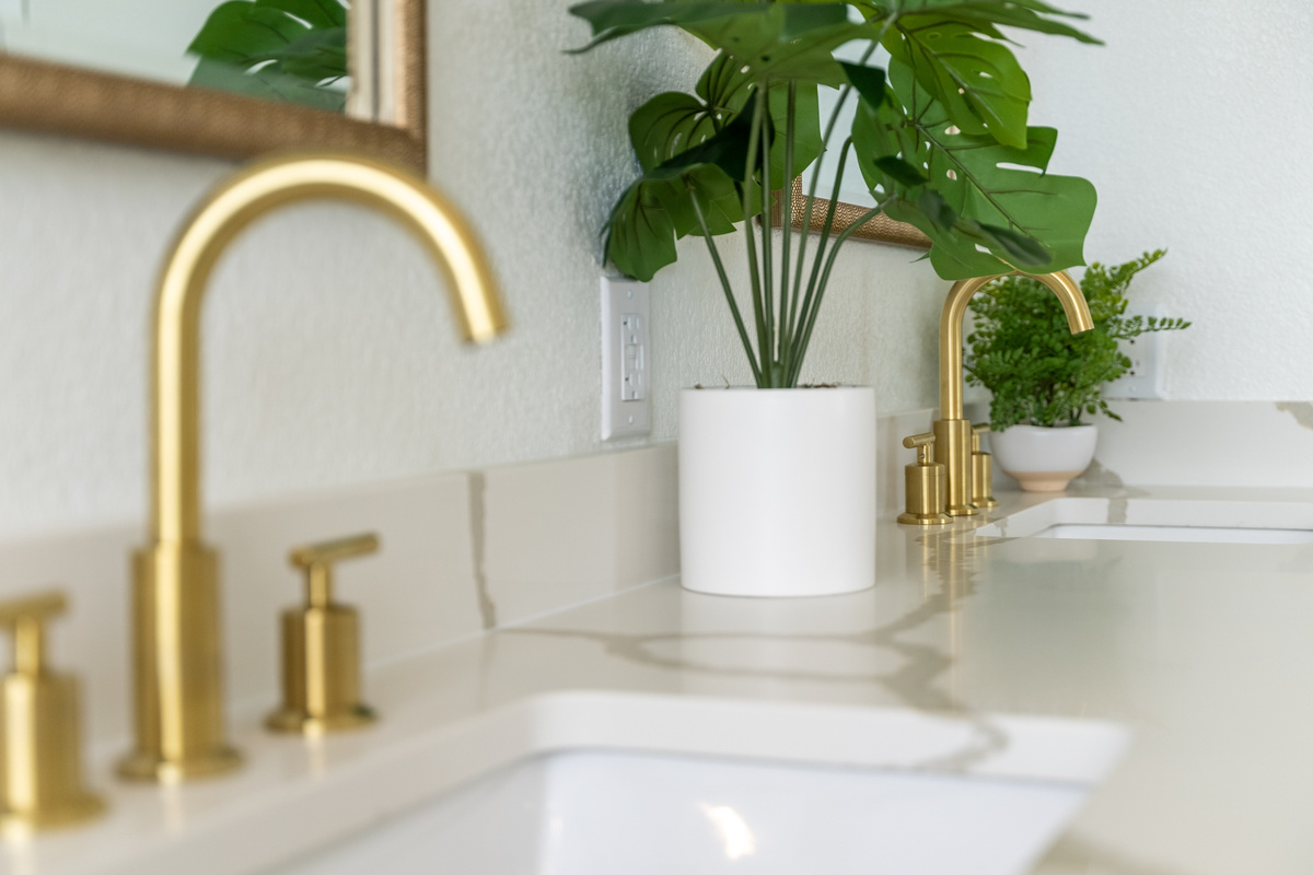 Gold fixtures and a potted plant bring a fresh, elevated feel to the primary vanity.