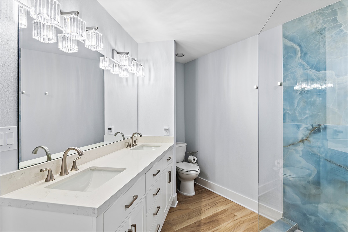 Master bathroom with a walk-in shower and double vanity