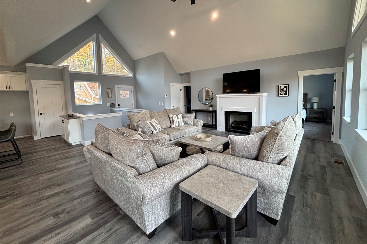 large seating area with cozy fireplace