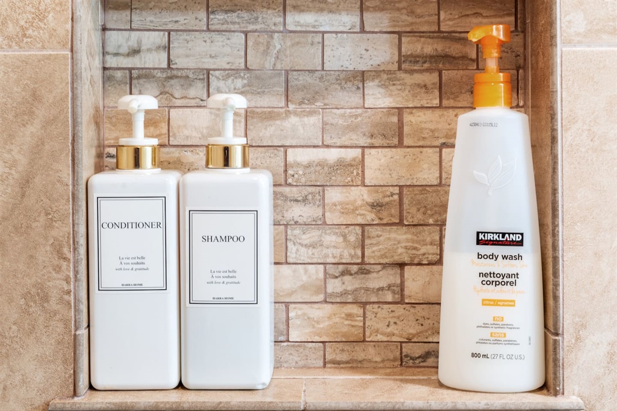 Pamper yourself with spa-style shower products, including refillable shampoo, conditioner, and body wash.