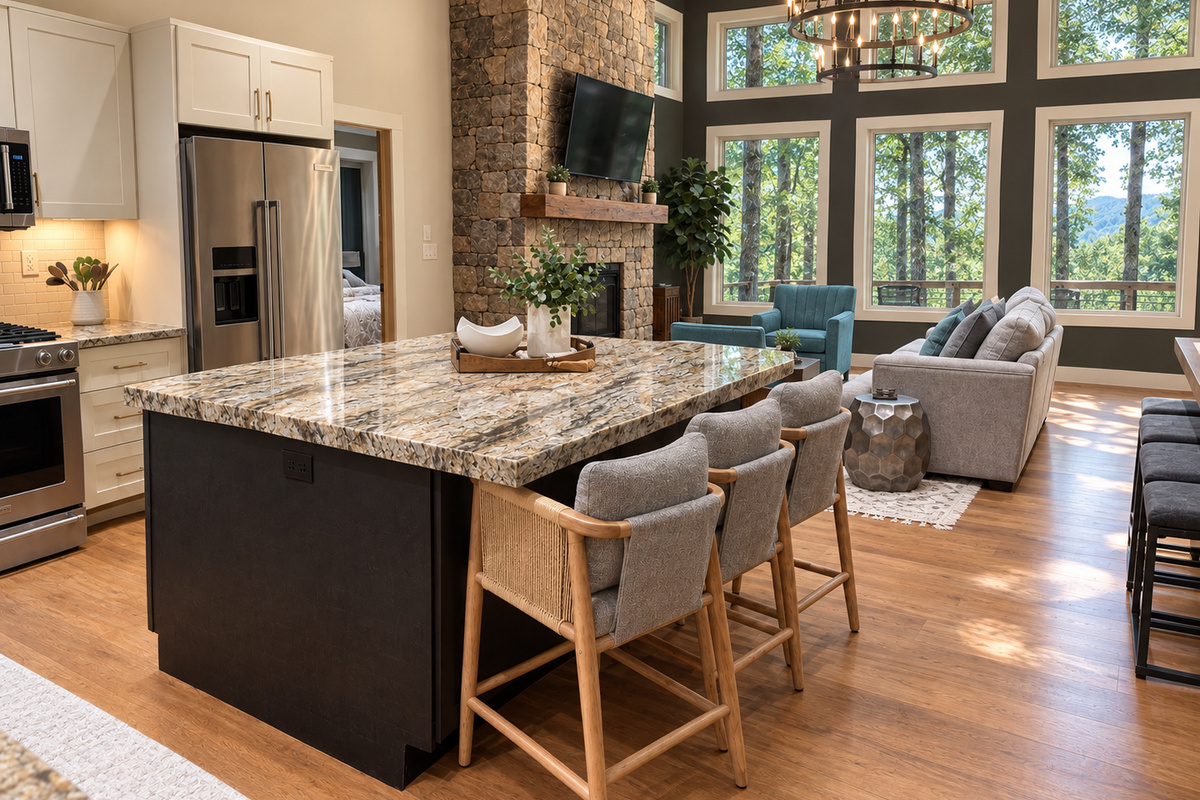 Main level open concept oversized kitchen island and living room