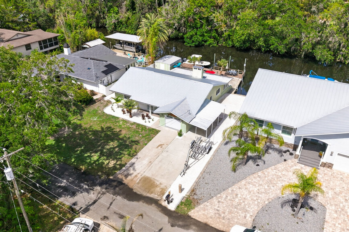 Aerial view of the house and property