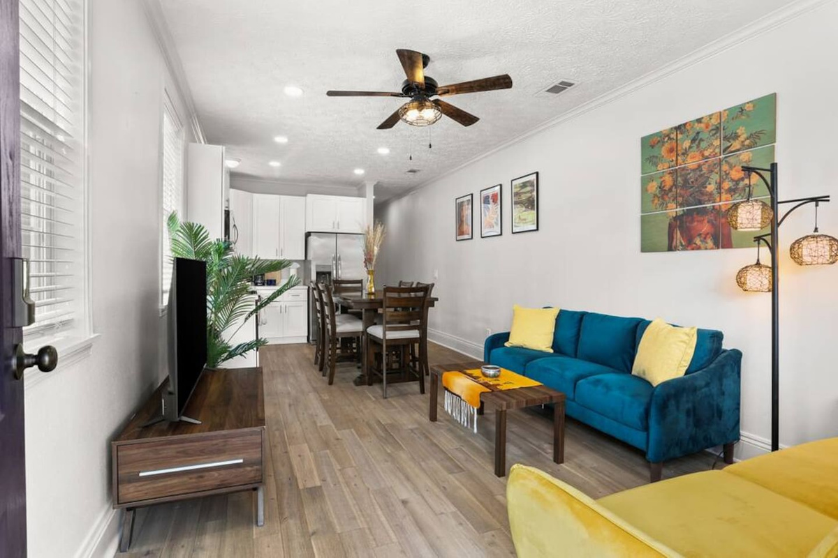 Your whole group can relax in the open concept kitchen/dining/living room, with dining for 6, comfy seating, Roku TV, fast Wifi, and strong AC!