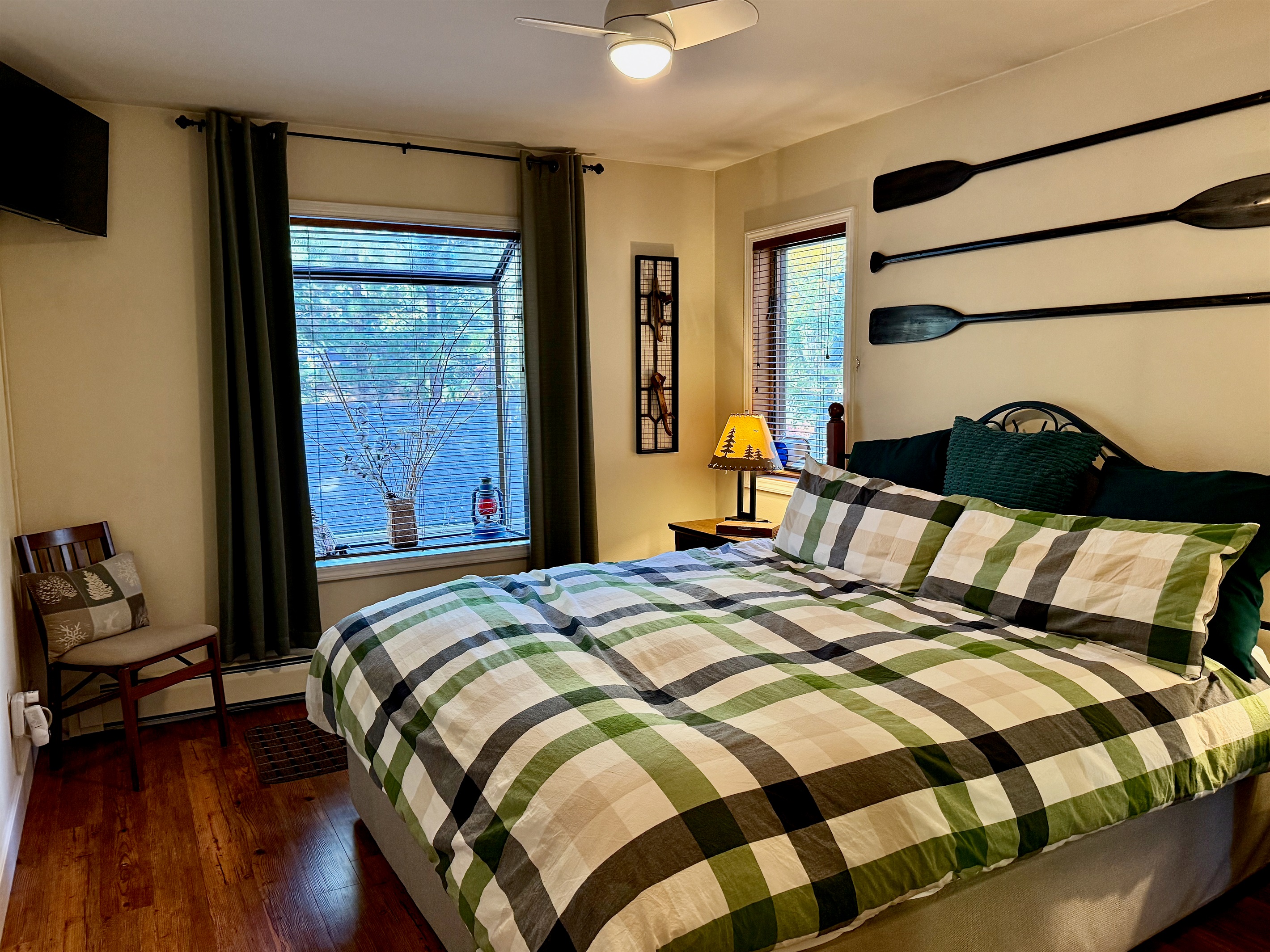 Relax in a California King bed with plush memory foam and a down comforter