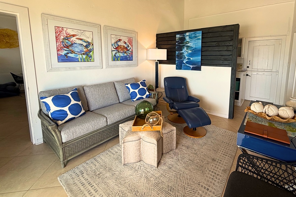 This office room is located off of the living room and before you enter the primary bedroom.