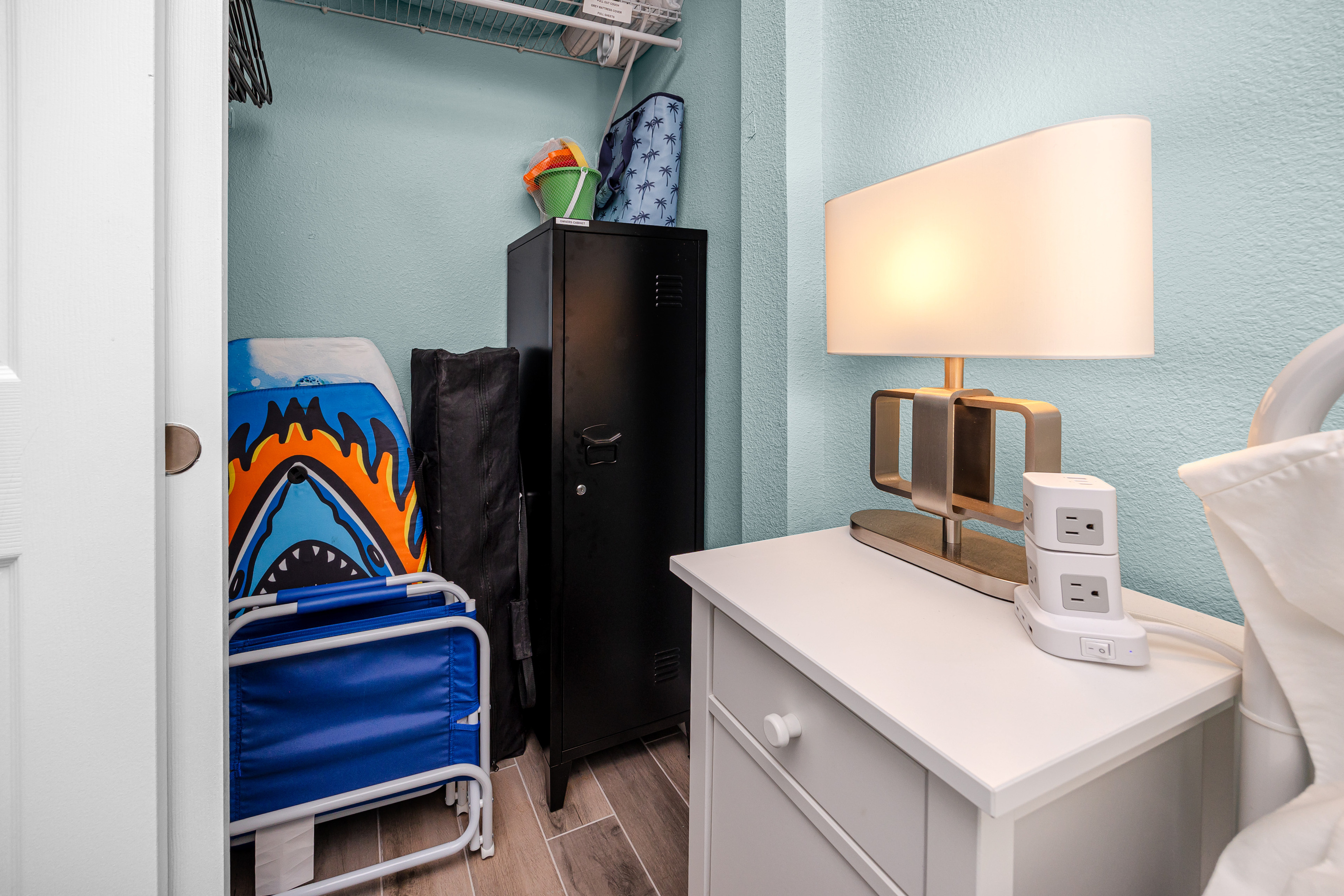 Beach gear in bedroom closet