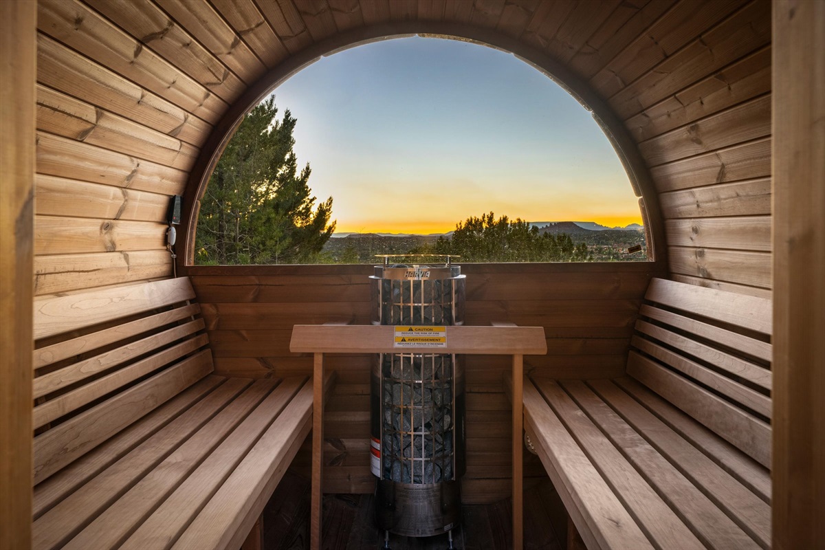 Sweat, relax, and soak in Sedona’s stunning skyline from your private panoramic-view sauna.
