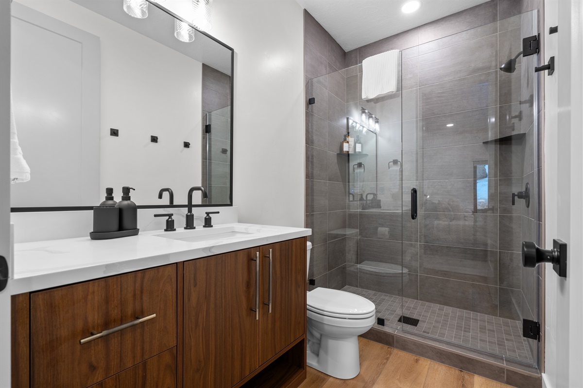 Primary bathroom with walk-in shower — refresh after the slopes