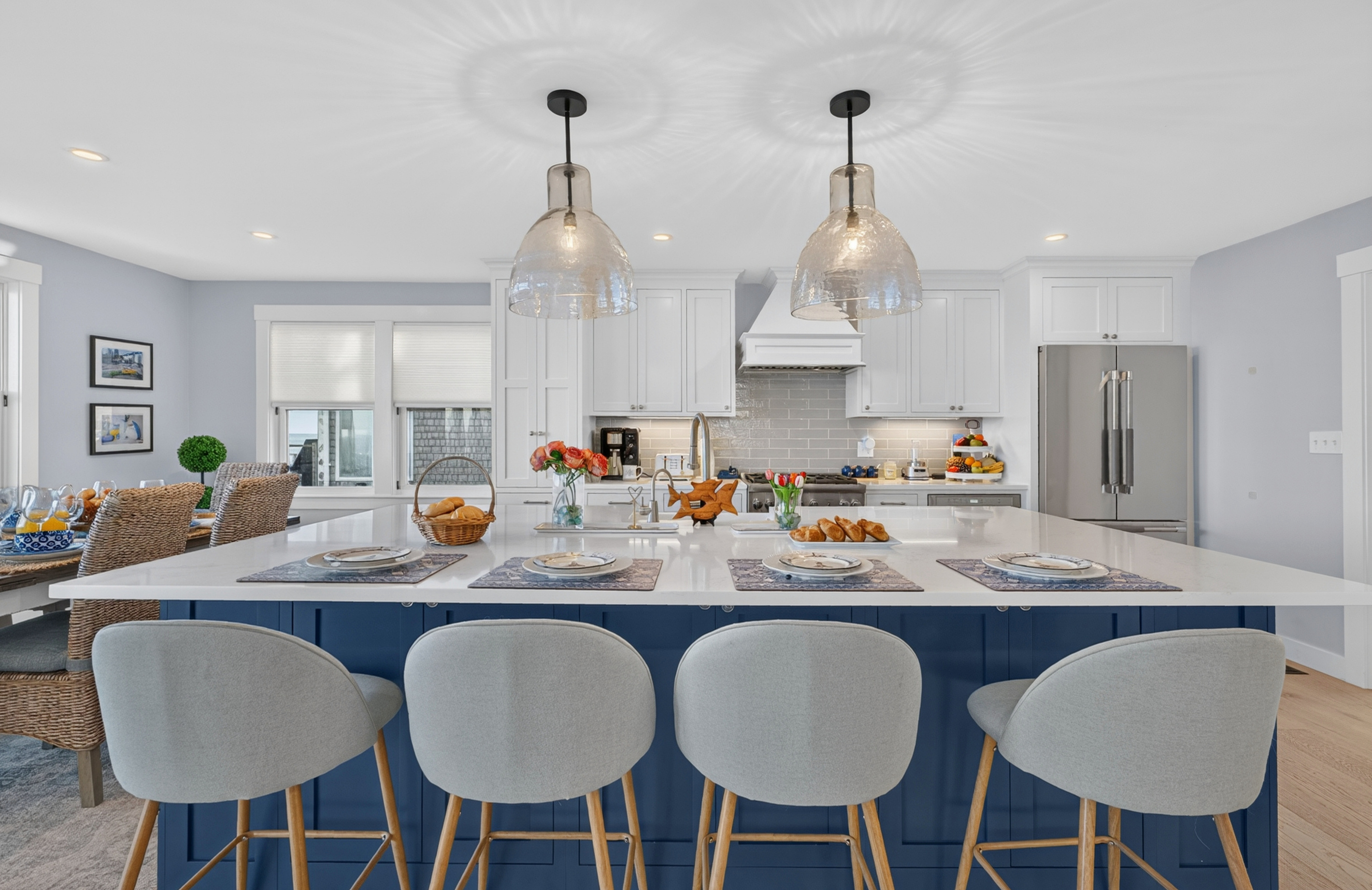 Oversized kitchen island with bar seating, perfect for casual meals and conversation