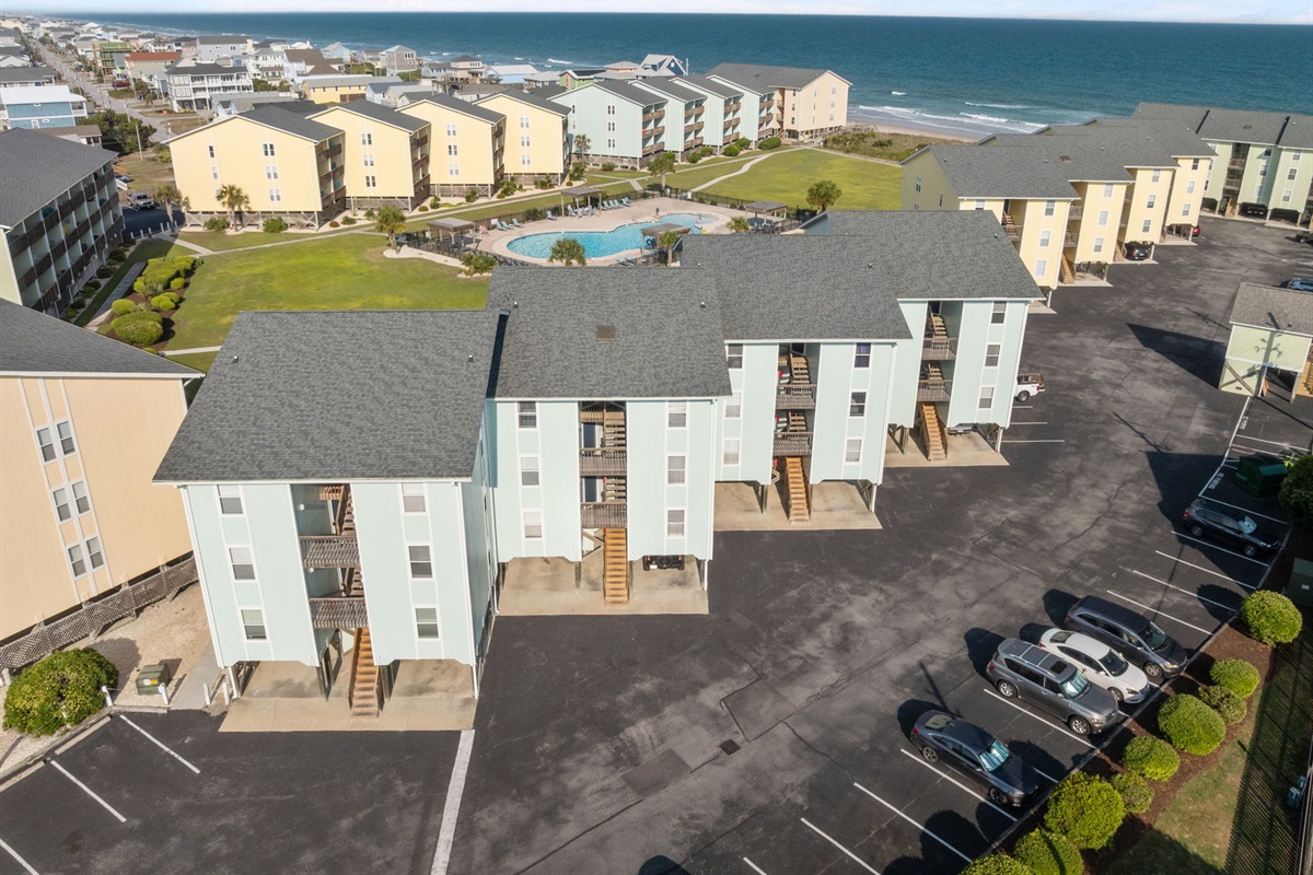 Aerial view of Surf Condos with ample parking and easy access to every building