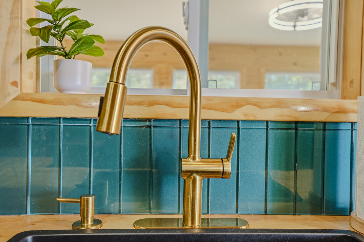 Kitchen detail — brass faucet, black undermount sink, and teal cabinetry up close