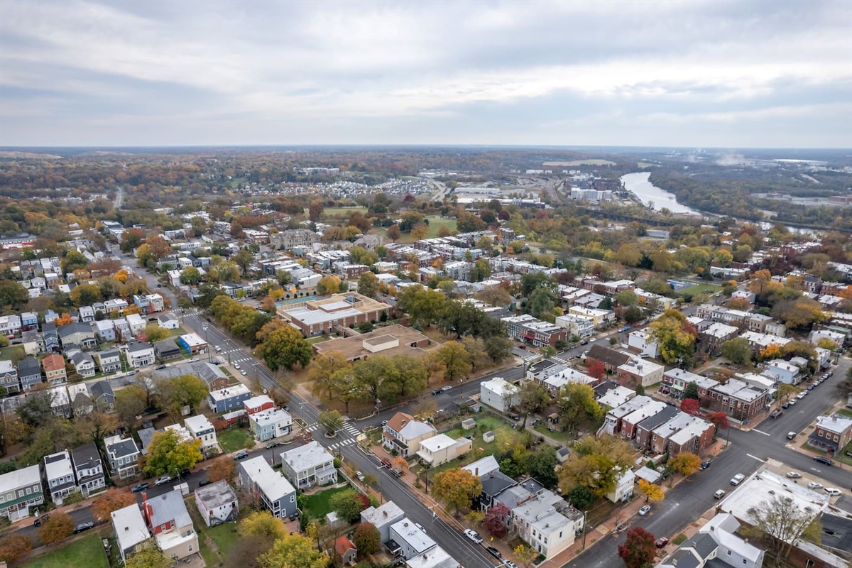 Neighborhood Views: Stunning aerial sights of Richmond's historic charm and vibrant greenery await!