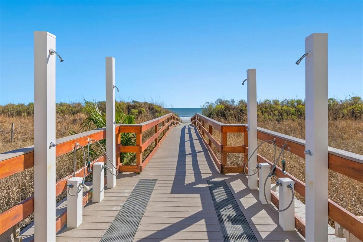 Direct Beach Access from the sun deck with outdoor shower and rinse stations