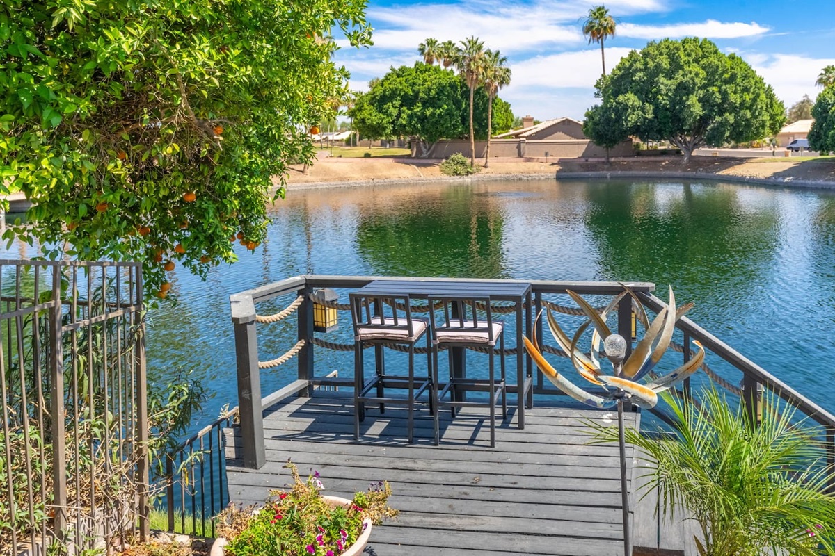 The private dock is your own little perch over the lake — pull up a chair, pour a drink, and watch the water shimmer while the rest of the world slips away.