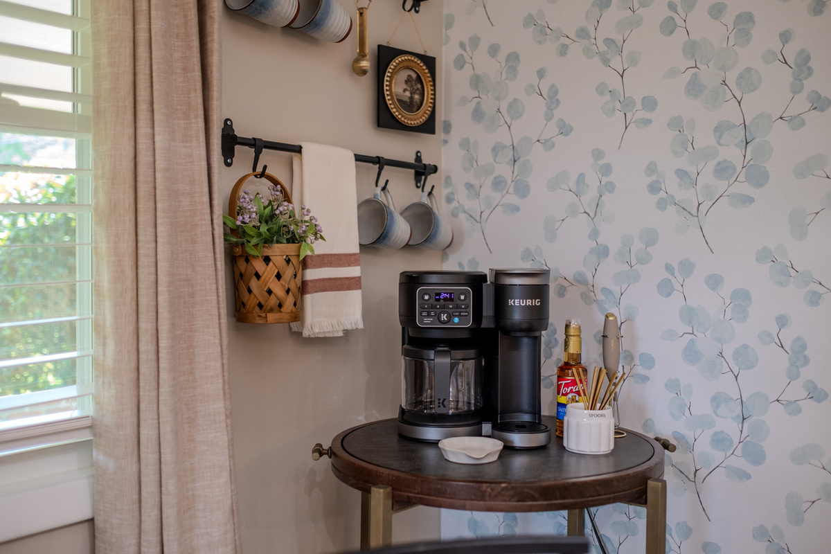 Start your morning at the coffee bar, stocked with a Keurig duo coffee maker and all the essentials for your favorite cup.