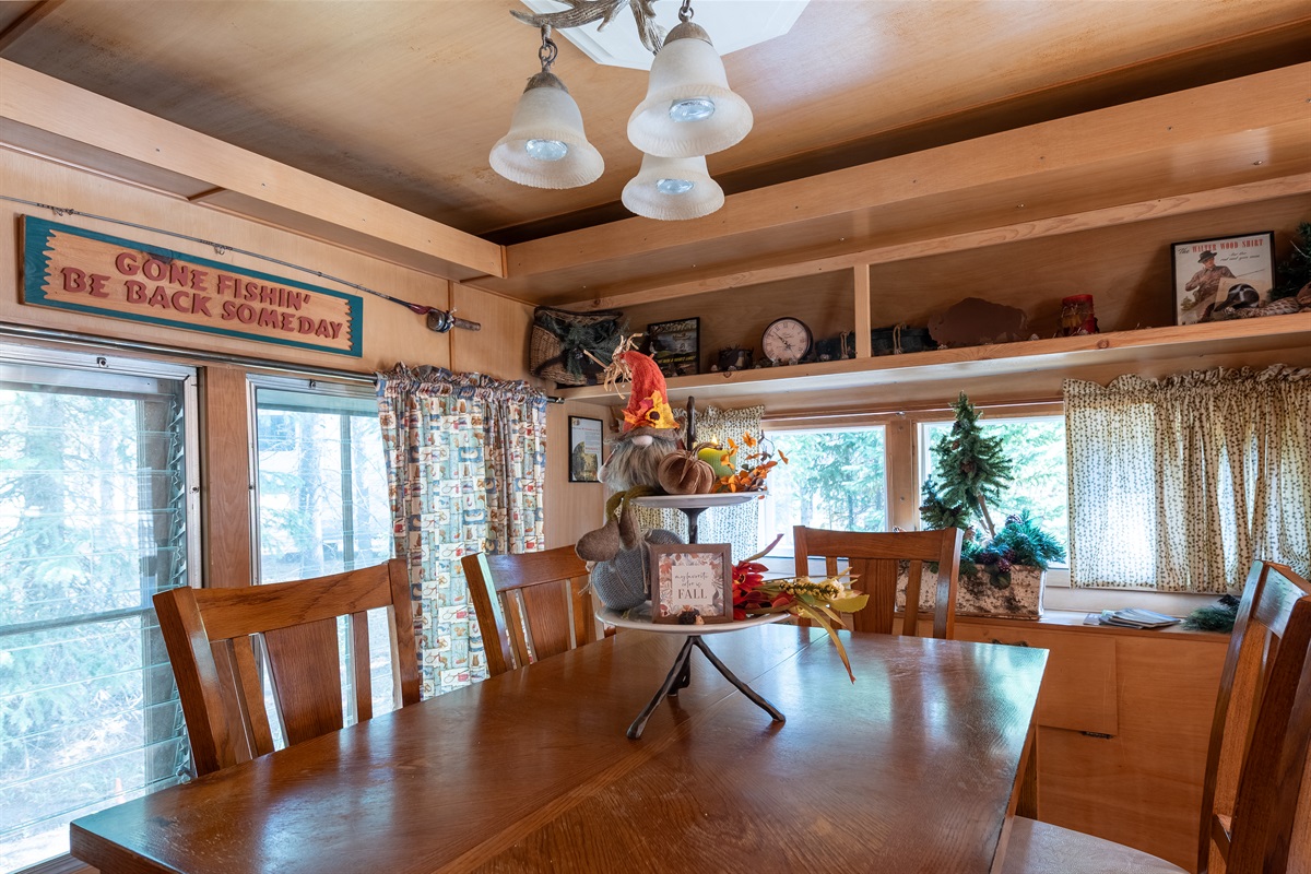 Dining area for meals and games (seasonal centerpiece)