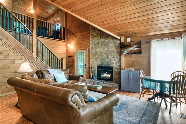 Wood burning fireplace and flat screen TV