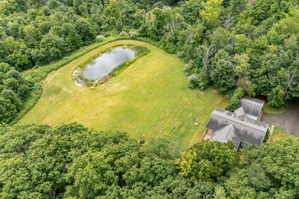 A peaceful retreat surrounded by woods, with expansive yard space and a tranquil pond perfect for relaxing or exploring