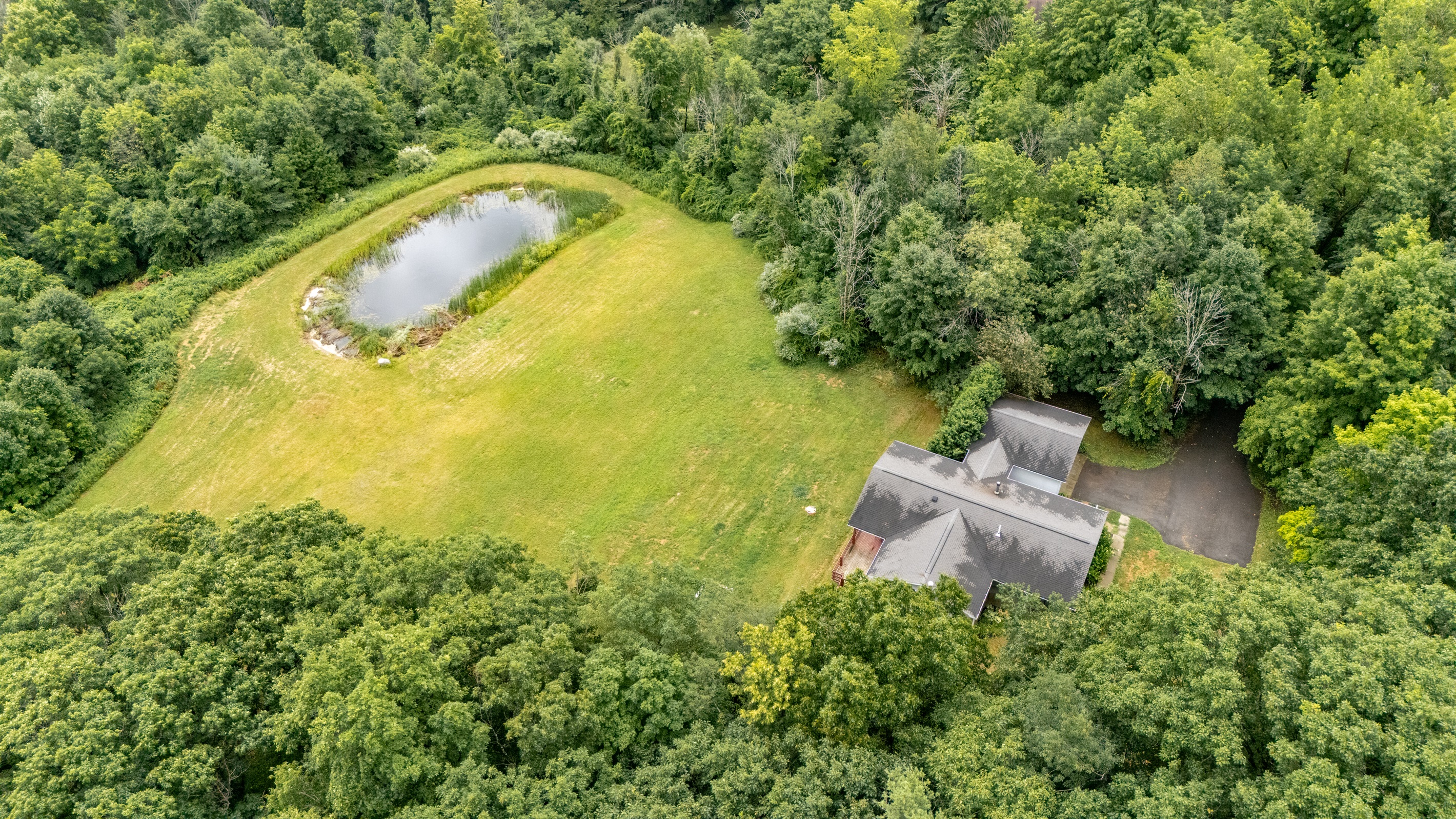 A peaceful retreat surrounded by woods, with expansive yard space and a tranquil pond perfect for relaxing or exploring