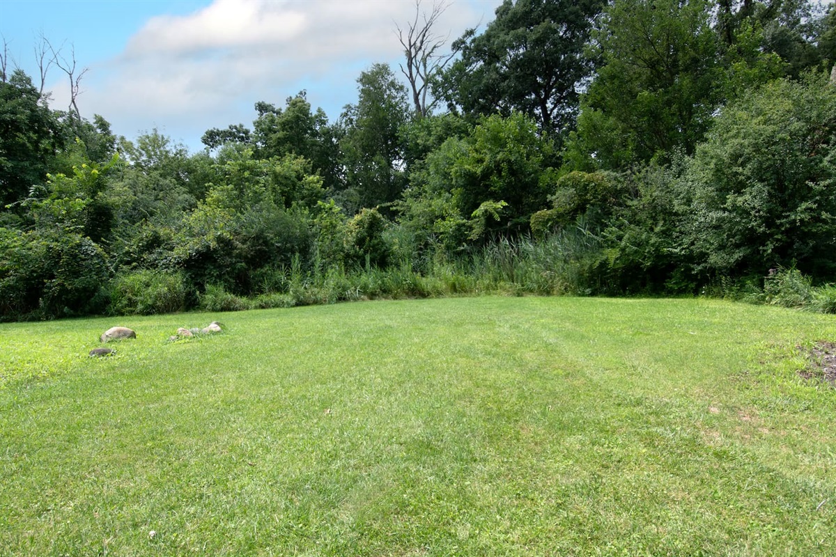 Open grassy area behind garage.