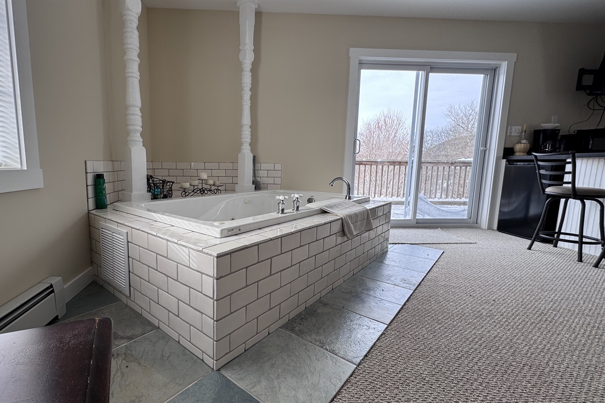 Primary bedroom with private wet bar, large stand-alone soaking tub, and access to private balcony 