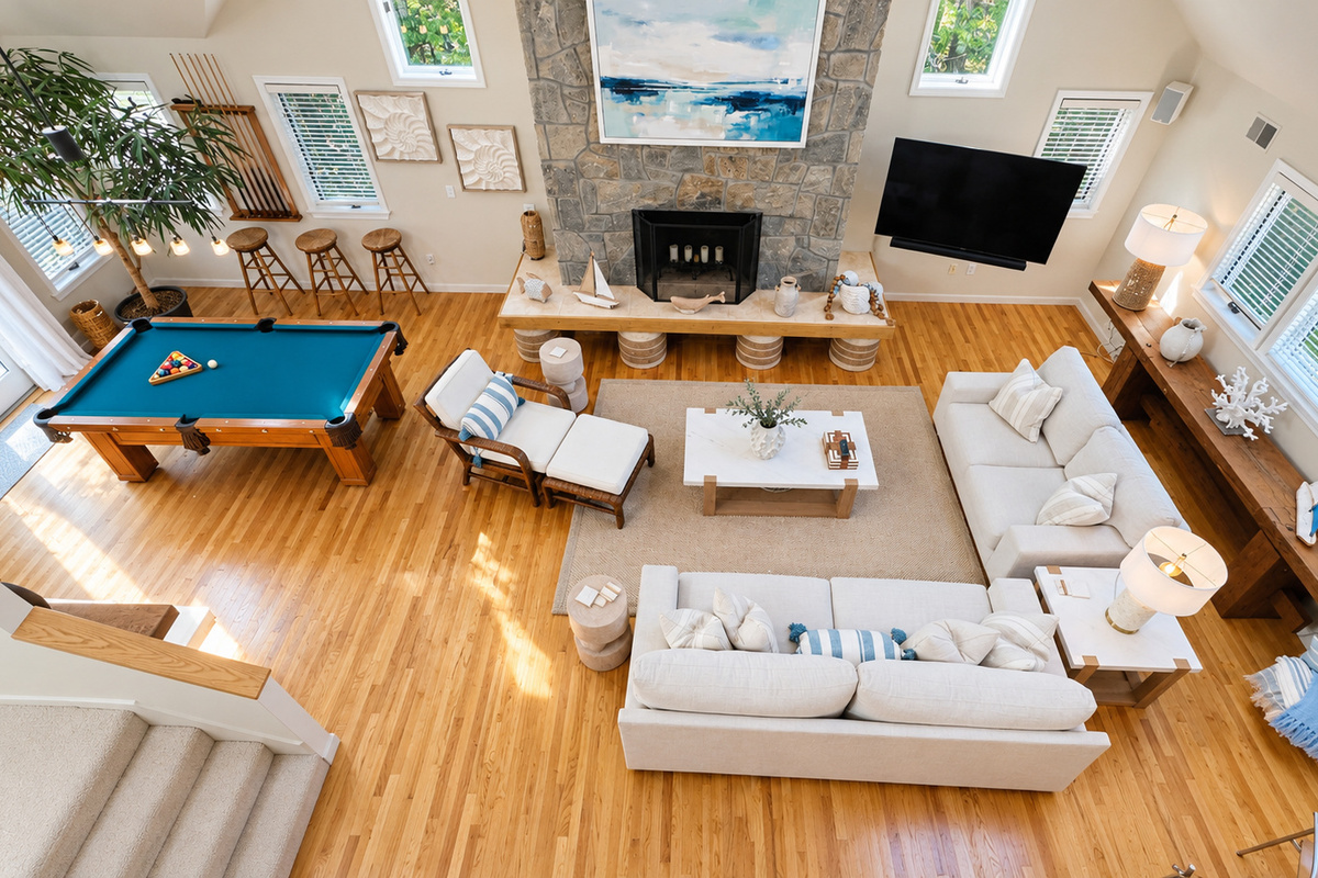 Great room with fireplace and pool table
