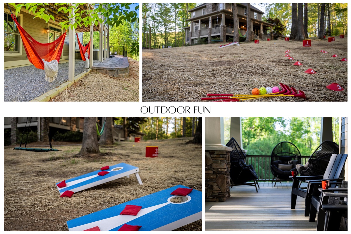 Hammocks, cornhole, swings, bucket golf, firepits, hot tubs, pool, and cozy porch seating — your backyard is a private playground for all ages. Kick back, play hard, or relax in the trees at this secluded Asheville retreat.