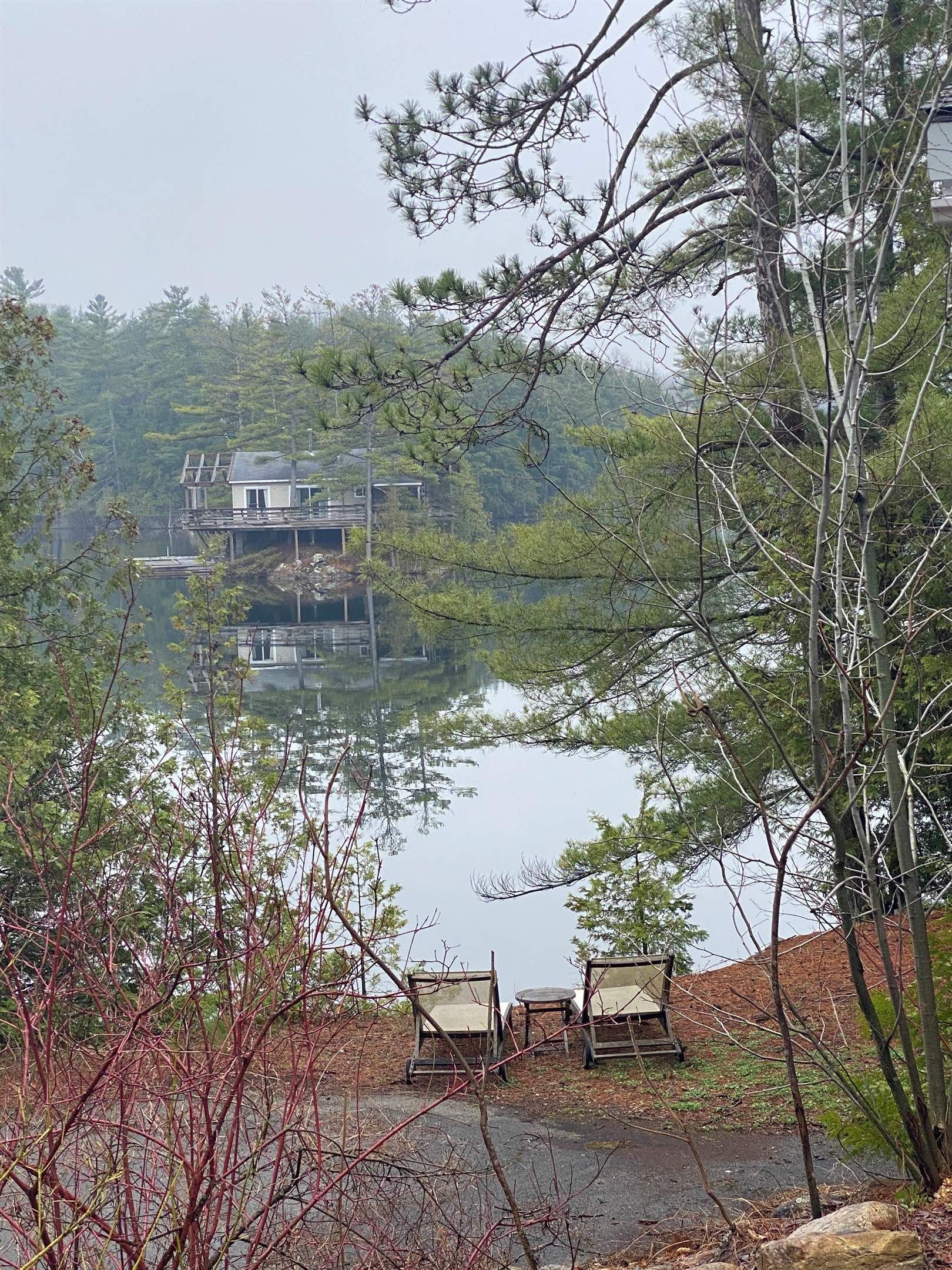 View of a calm lake in spring-time from side of cottage