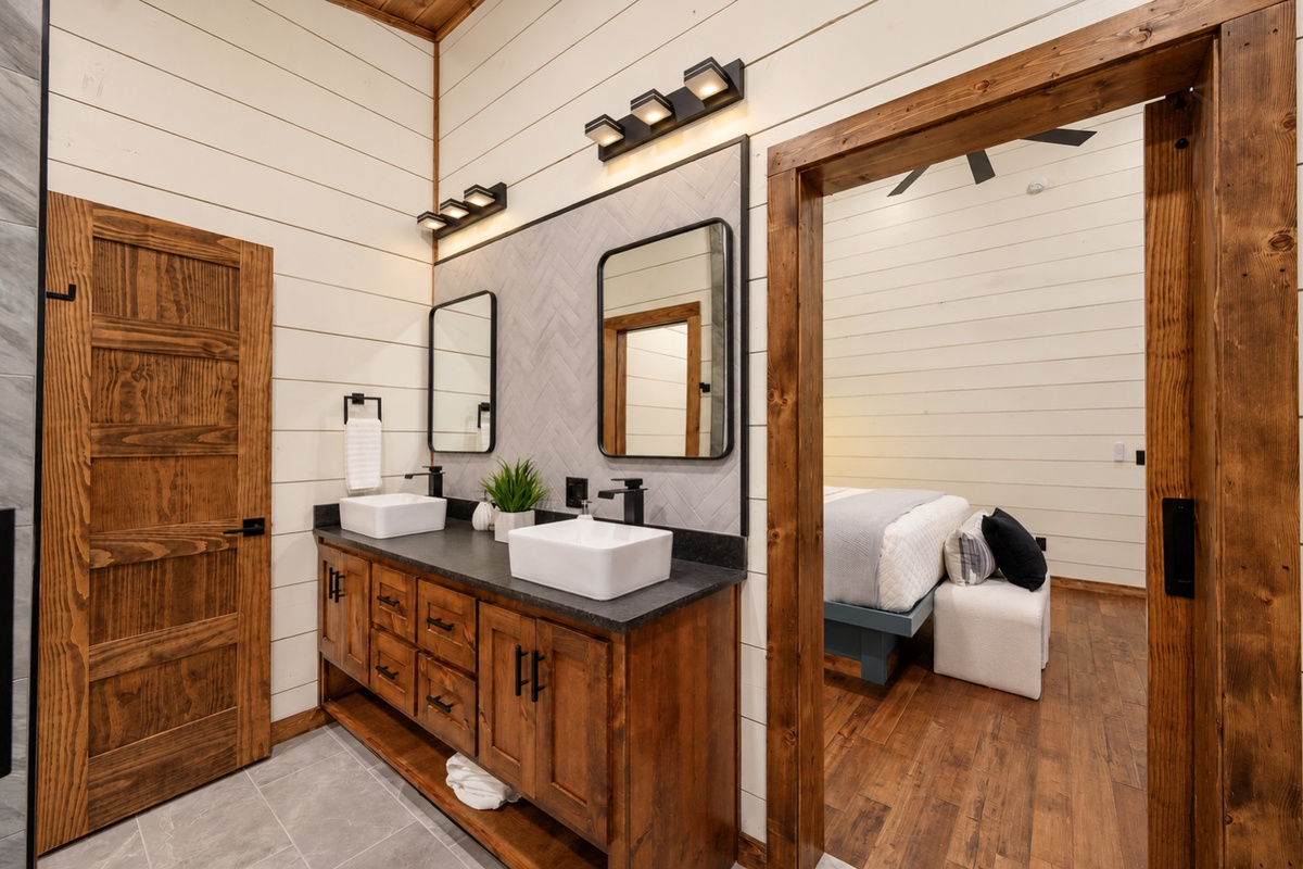 Ease into your morning with warm wood accents and space to get ready.