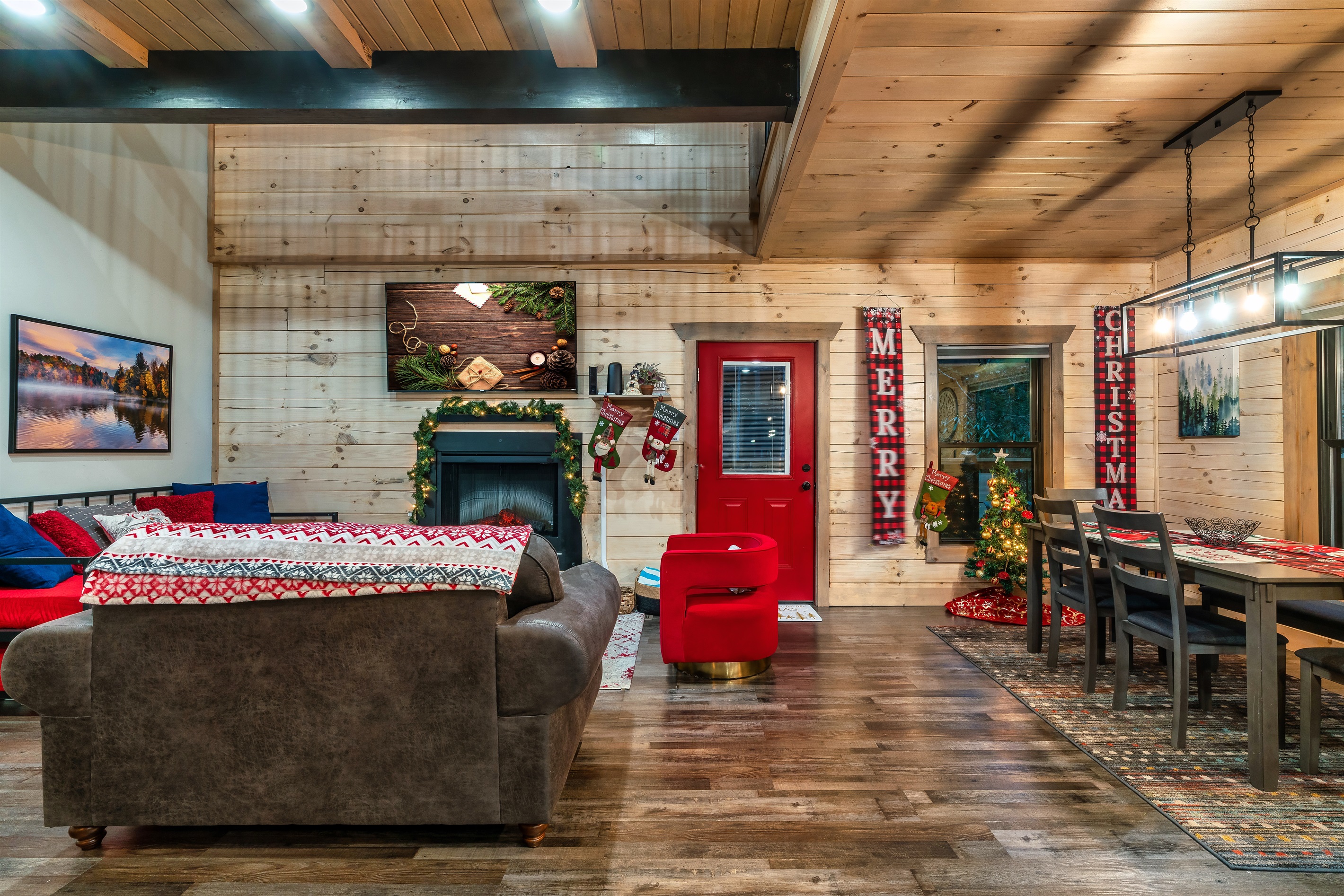 Living Room: Vibrant holiday decor invites warmth and laughter for unforgettable family gatherings!