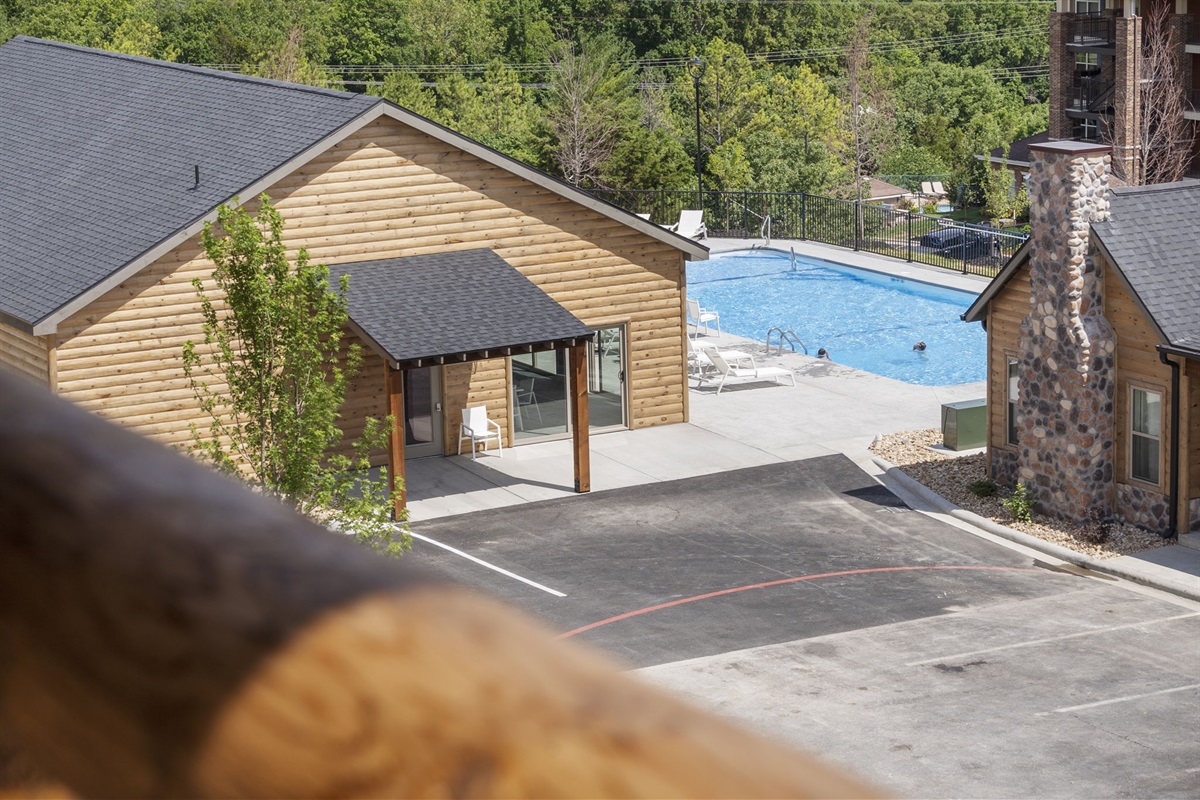 Community outdoor pool visible from your deck