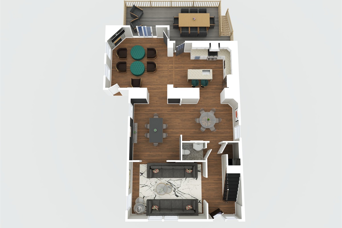 Main Level with 2 living spaces, 2 dining spaces, kitchen and deck